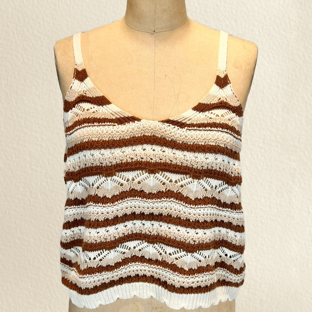 Crochet knit sweater tank top earthy striped v neck spaghetti straps y2k boho